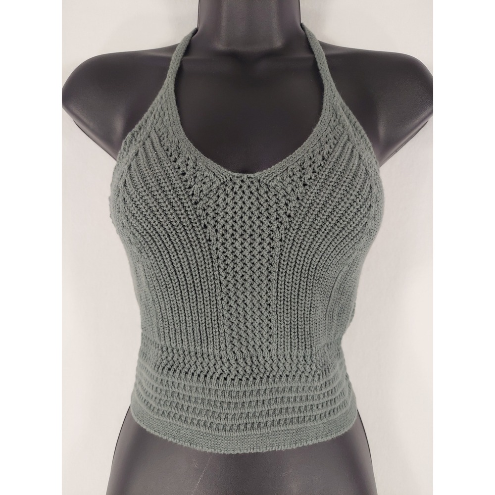 Aerie Sage Green Crochet Halter Crop Tank Top Knit Cami Boho Festival Tie XL